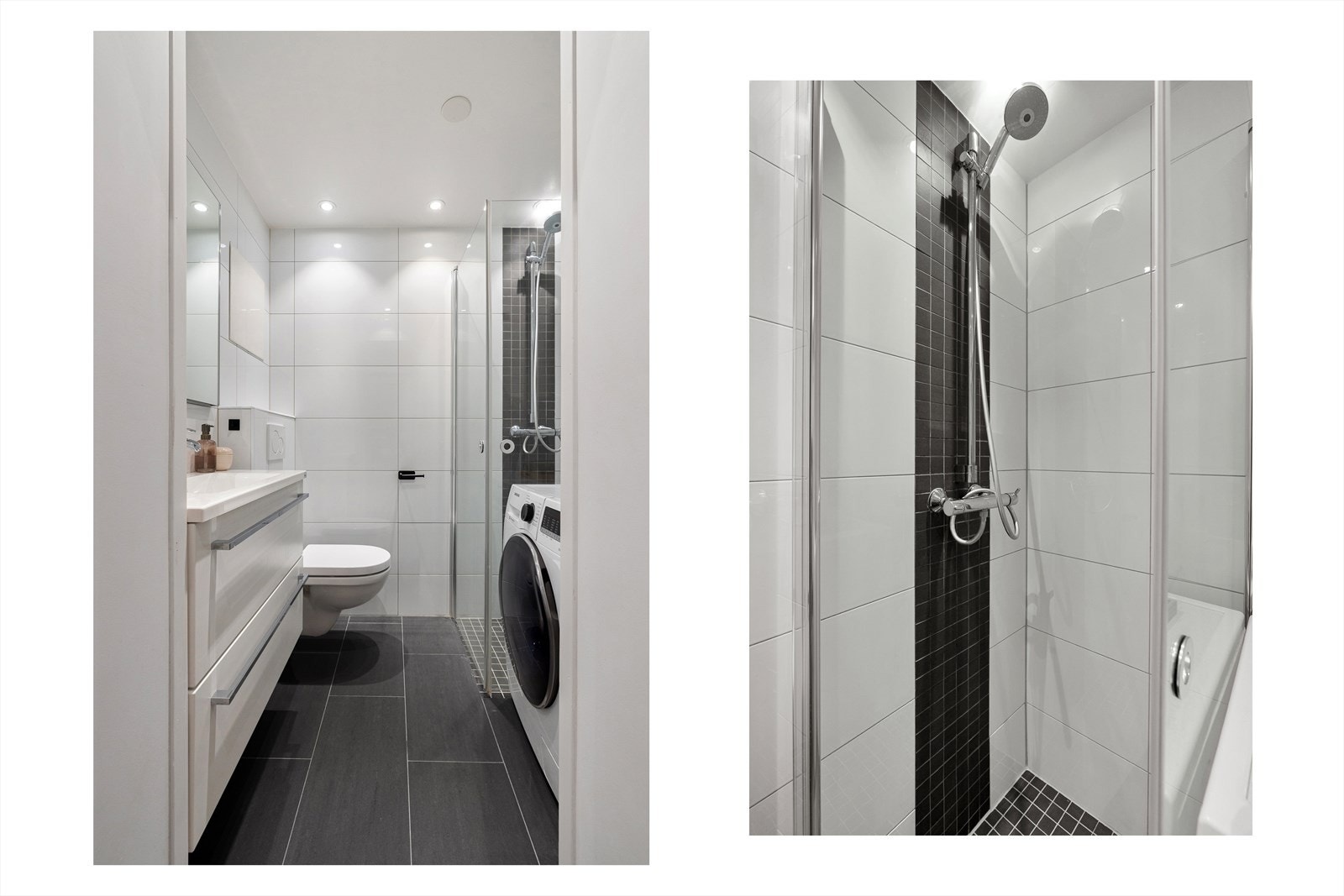 Badet består av baderomsinnredning med skuffer, overlimt servant med ett-greps armatur og speil på vegg med belysning, veggmontert toalett og dusjhjørne. Galleribilde