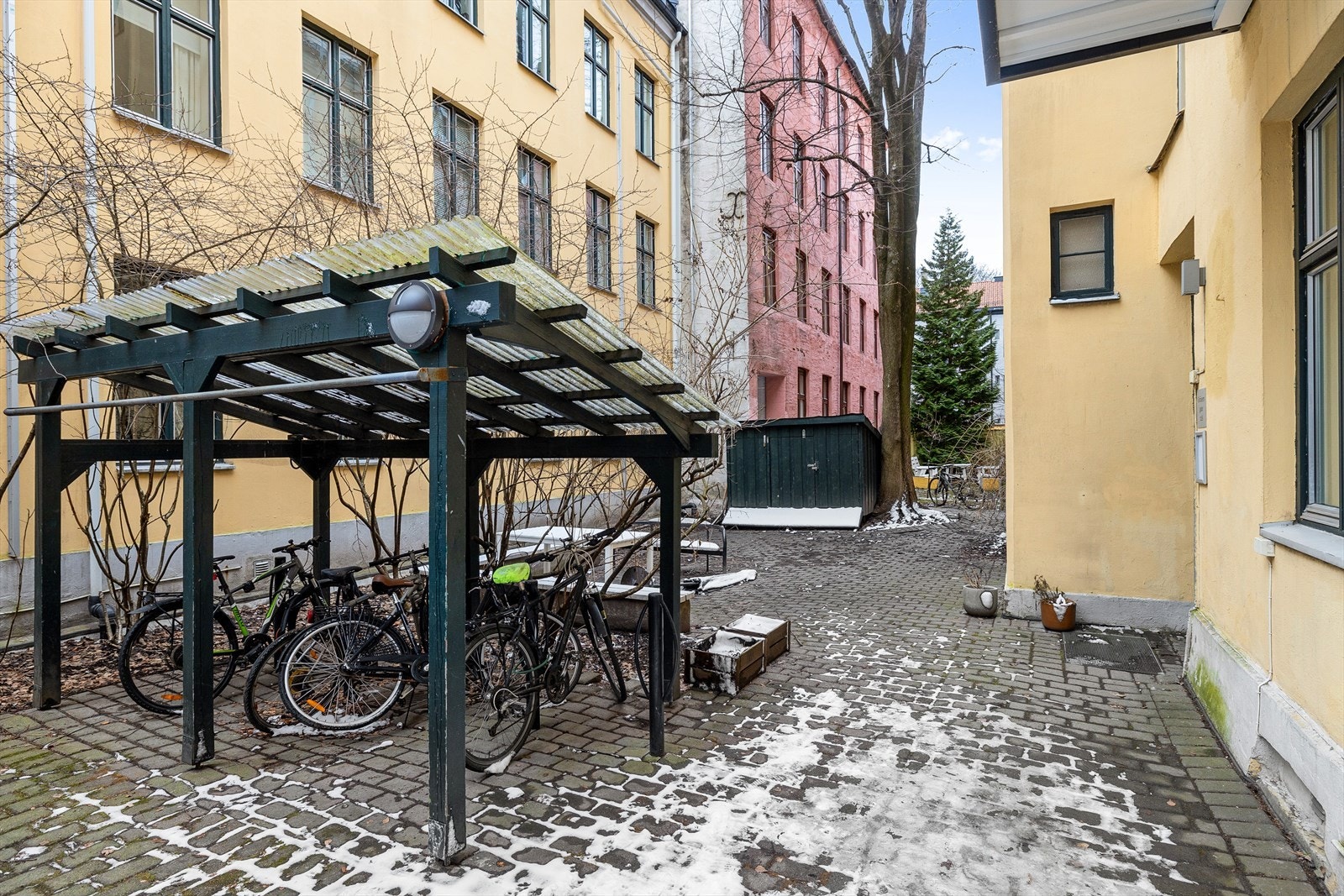 Sameiets bakgård har sittegrupper, beplantning og sykkelparkering. Galleribilde