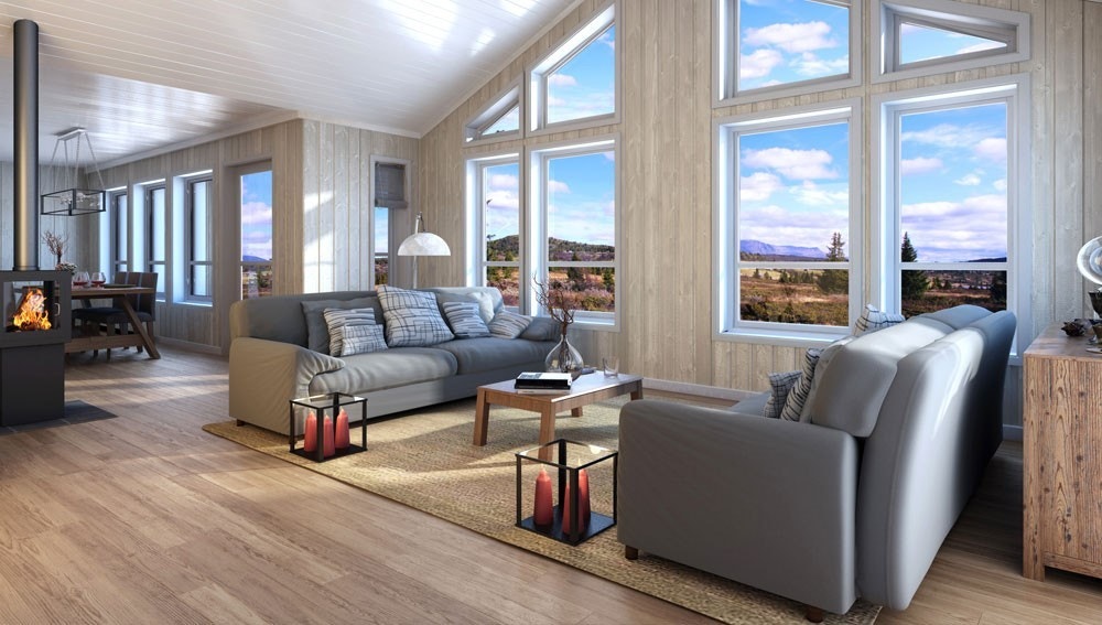 Hovedfløyen kan benyttes separat, uten å varme opp soveromsfløyen. Her vises stuen.
(Ferdig hytte kan avvike noe fra bildet) Galleribilde