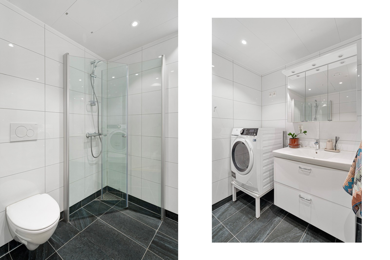 Badet er romslig med plass til vaskemaskin/tørketrommel, stort dusjhjørne og vegghengt toalett.