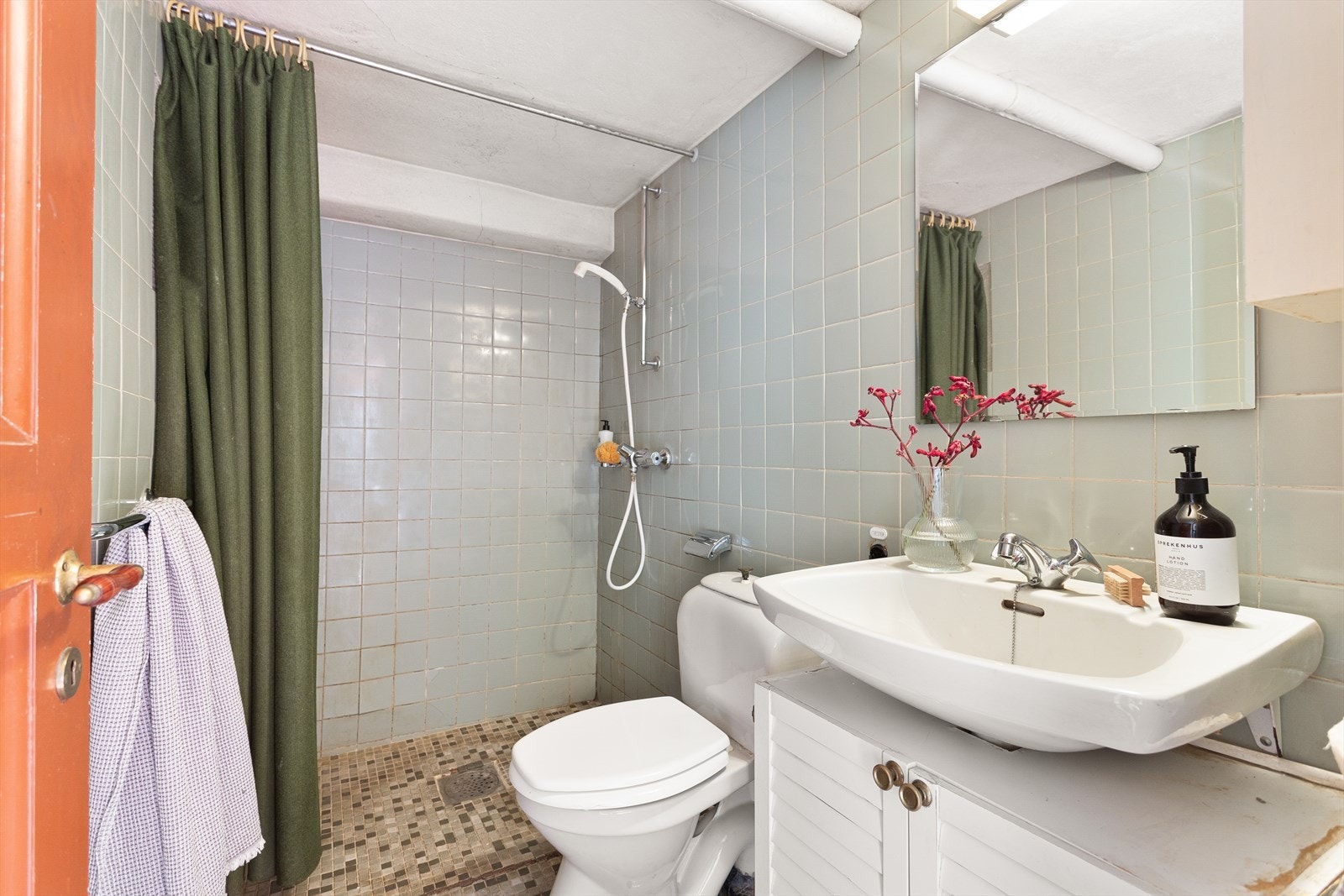 Baderom i underetasjen med wc, servantskap og dusj i hjørne. Badet må renoveres. Galleribilde