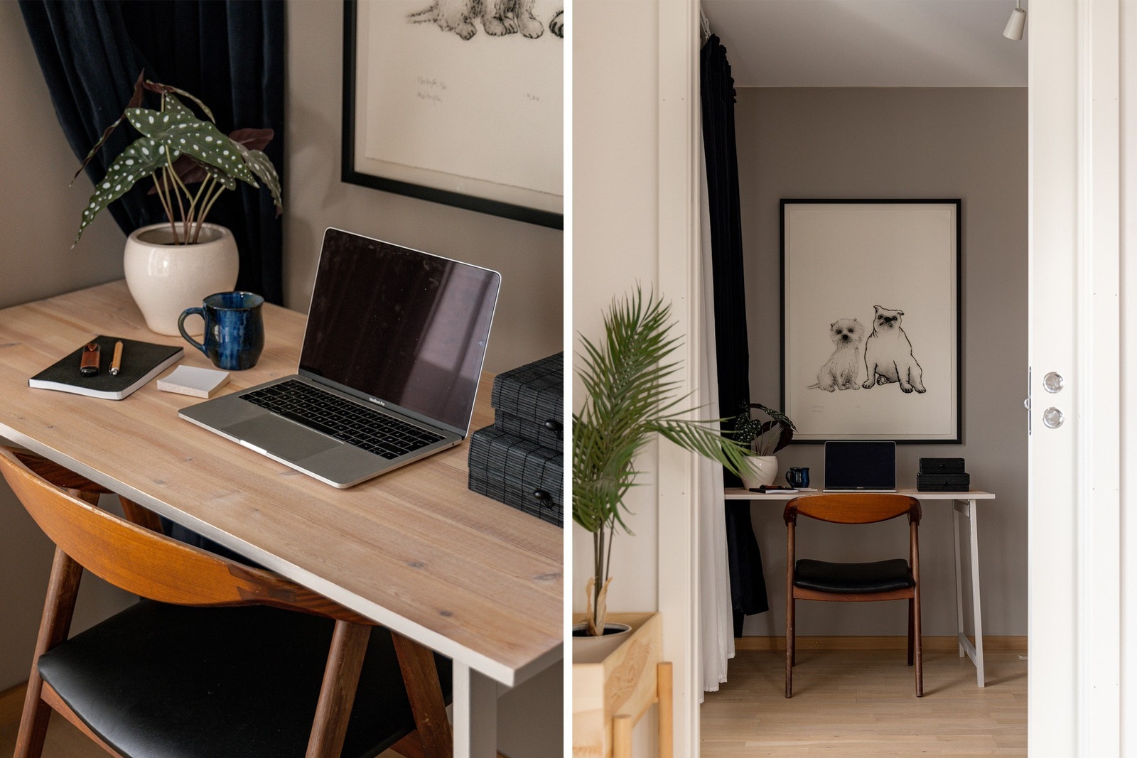 Skrivepulten er hengslet til veggen og kan gjemmes helt bak gardinene når den ikke brukes Galleribilde