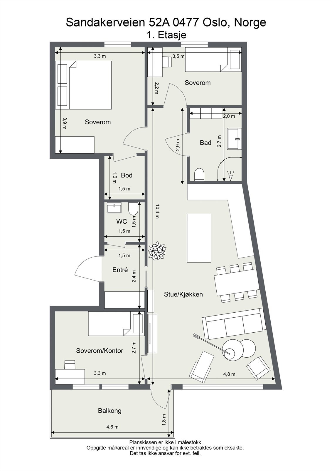 Leiligheten ligger i 1.etasje fra inngangsparti, men i 2.boligetasje fra vestsiden. Galleribilde