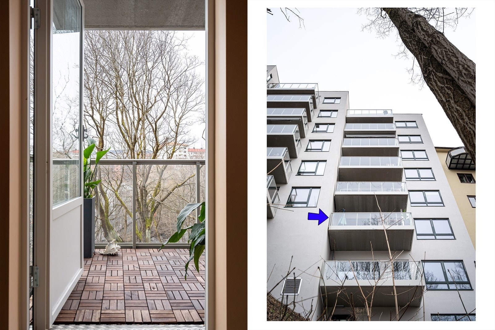 Vestvendt balkong med treheller og frodig utsikt mot Akerselva. Galleribilde