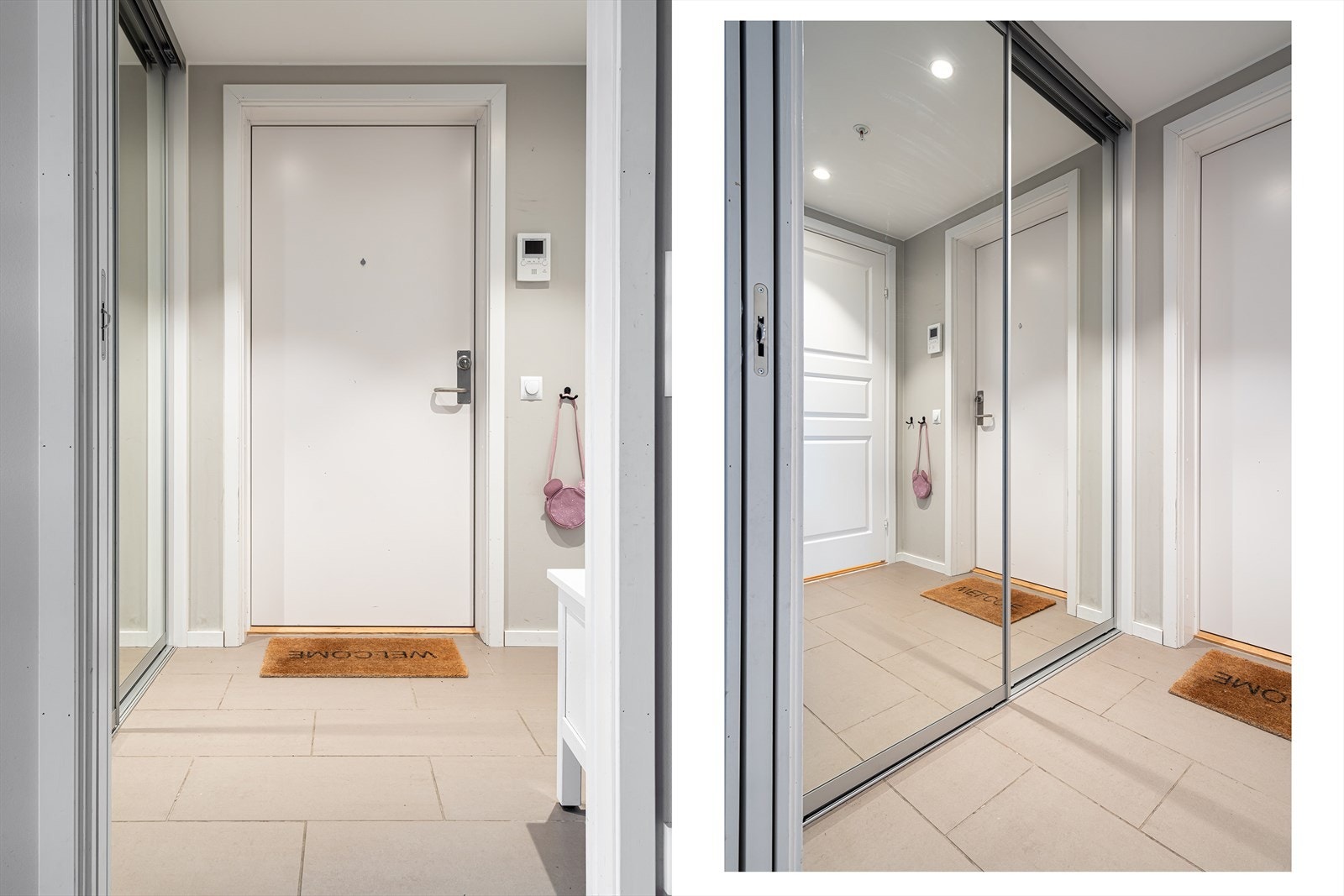 Entré med en inviterende følelse. Rommet er innredet med skyvedørsgarderobe og sittebenk med knagger for yttertøy. Galleribilde