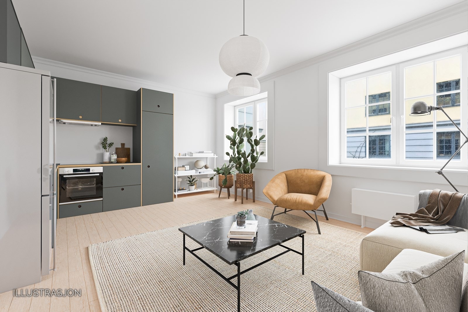 Stue og kjøkken i åpenløsning illustrert etter oppussing Galleribilde