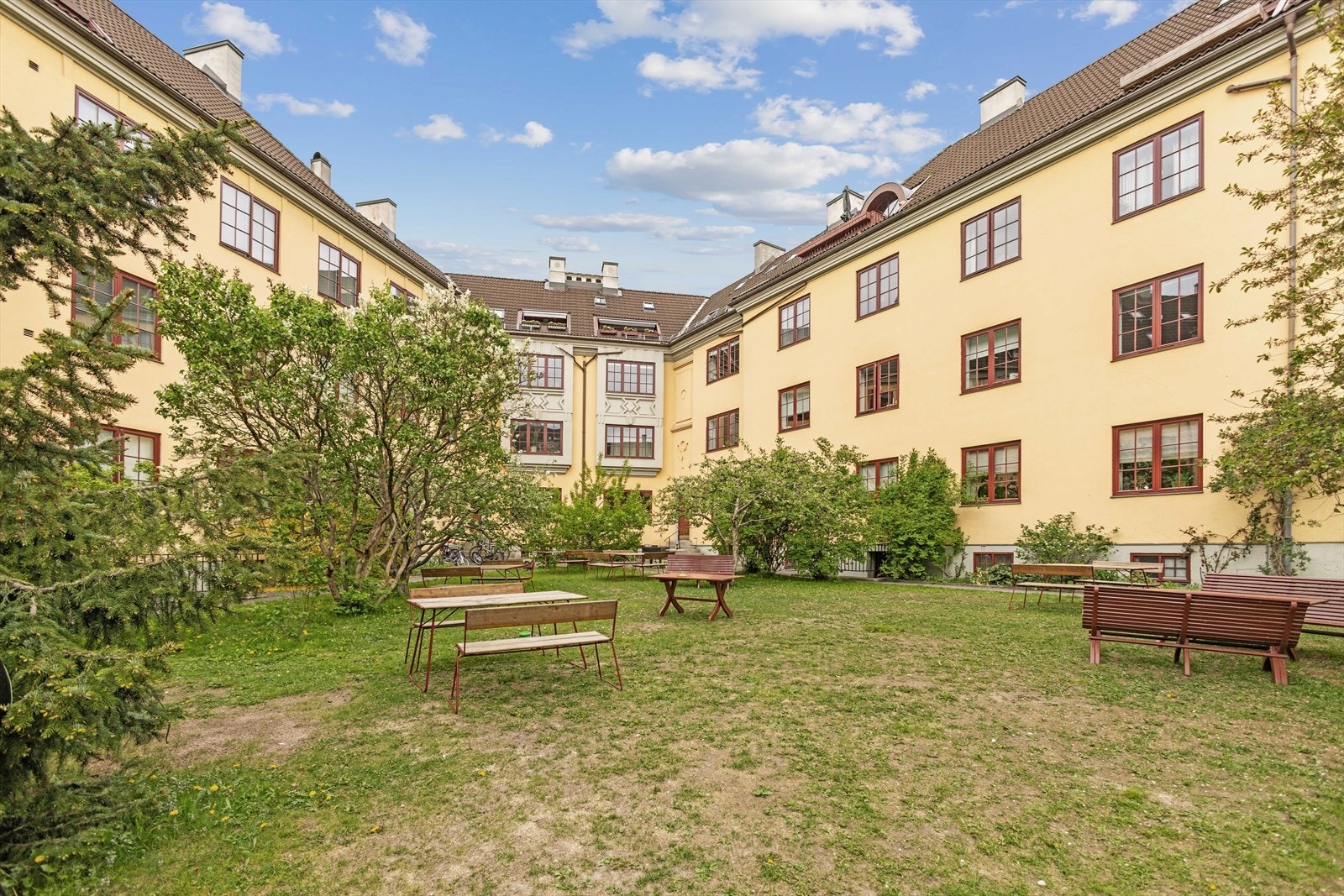 Frodig bakgård som er pent beplantet med gress og syriner. Sittegrupper hvor man kan nyte sola Galleribilde