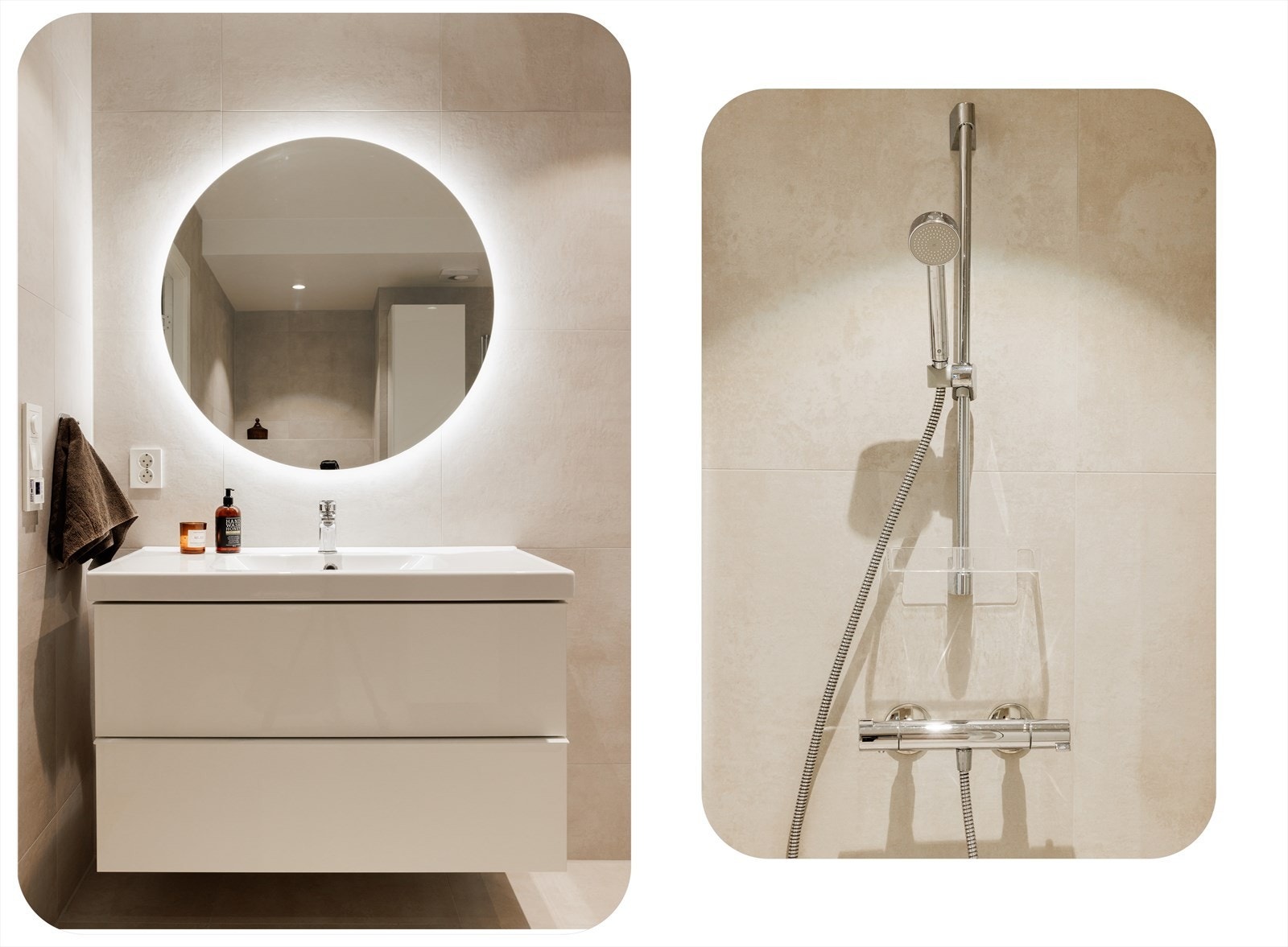 Badet inneholder vegghengt toalett, helstøpt servant, skuffer under servant med slette fronter, speil med integrert lys, dusjdører i klart glass, opplegg for vaskemaskin og fordelerskap til rørsystemet. Galleribilde