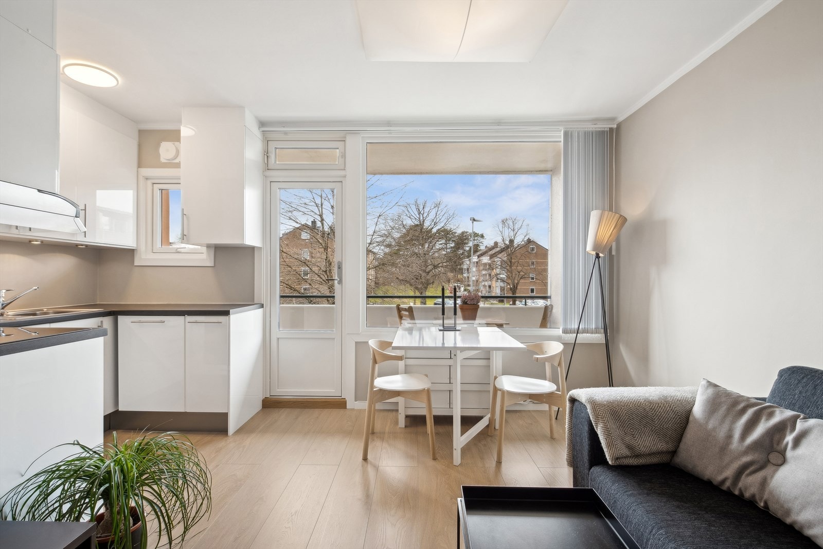 Leiligheten har store vinduer og bærer preg av mye dagslys Galleribilde