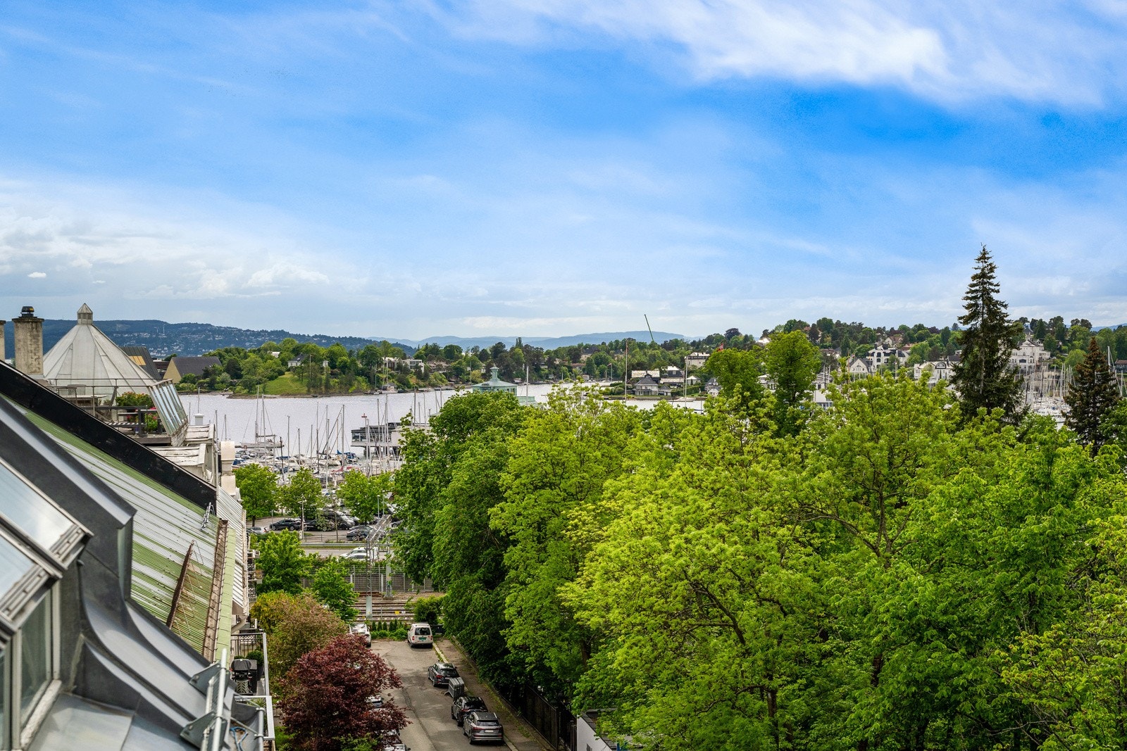 Terrassen har nydelig utsikt over frodig nabolag og Oslofjorden. Galleribilde