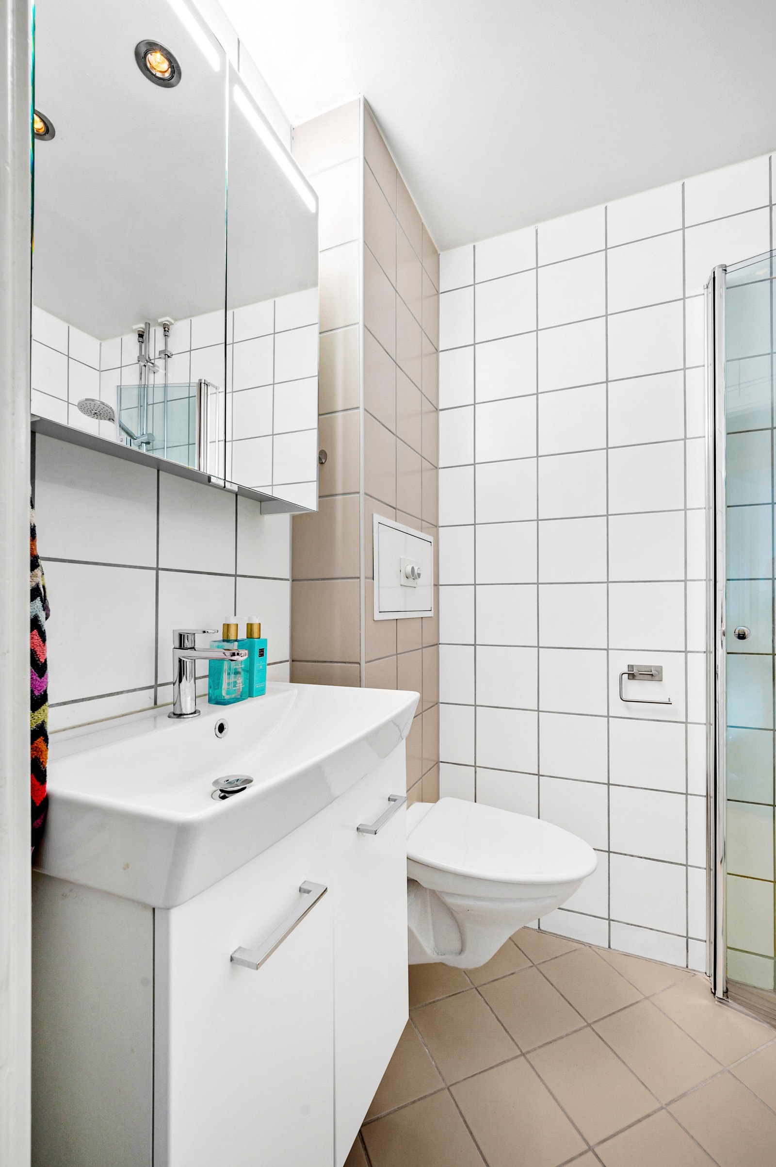 Utstyrt med vegghengt toalett, dusj med innfellbare glassdører, mekanisk avtrekksvifte og speilskap med belysning og stikkontakt over servant. Galleribilde