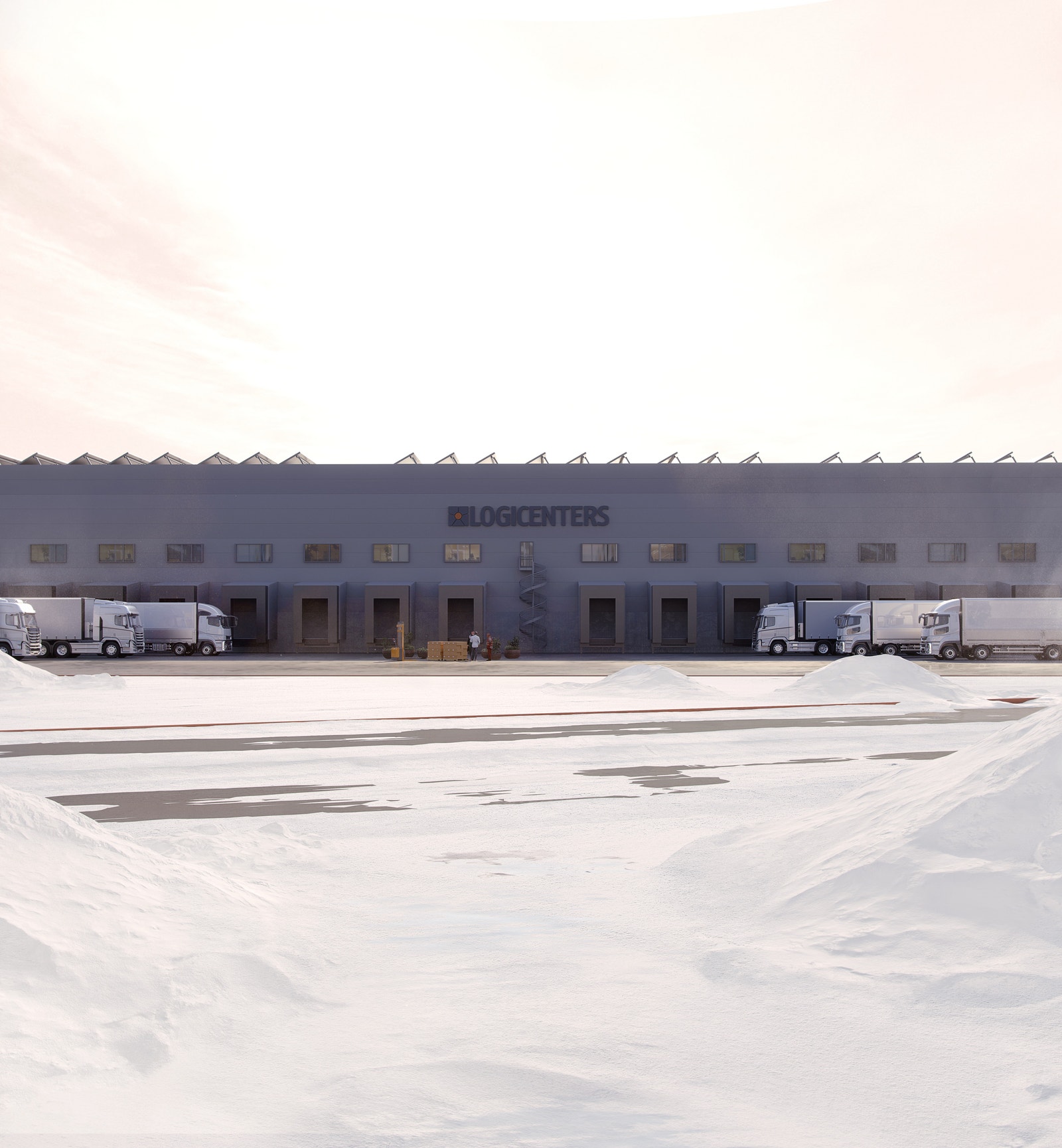 Kjøregård illustrasjon vinter.- Messanin over portene med kontorer, garderober, kantine og møterom Galleribilde