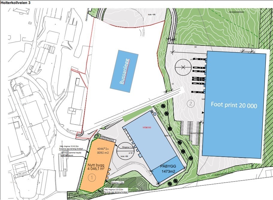 Detorange bygget viser plassering på tomten. Ca 4000 kvm fotavtrykk. Galleribilde
