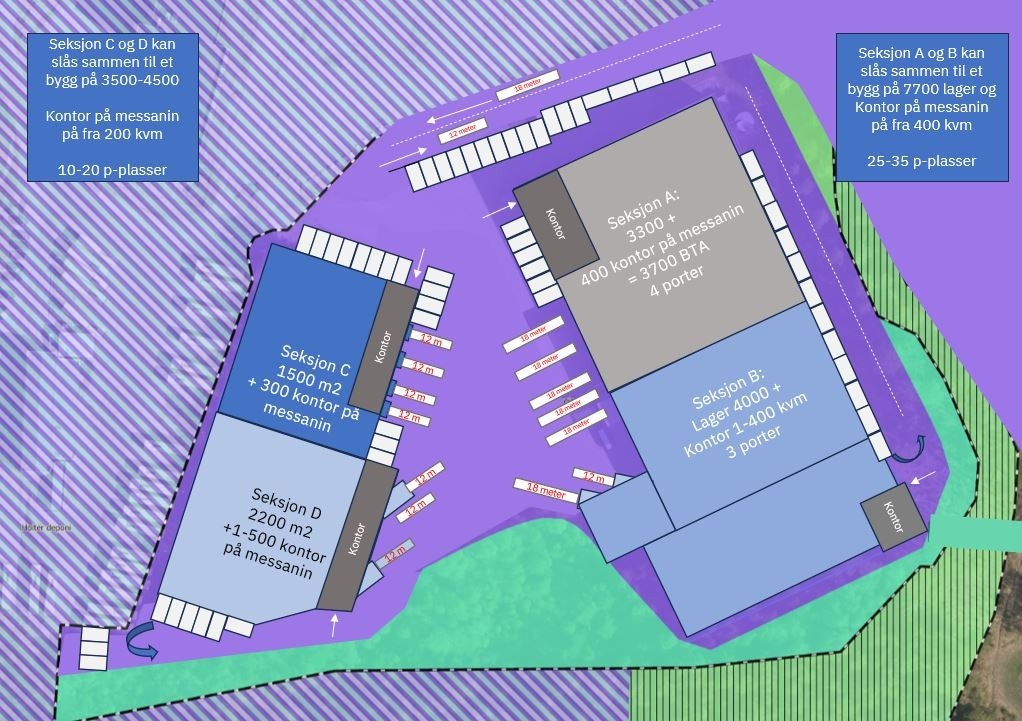 Her kan vi tilpasse seksjoner til bukere som trenger 1800 kvm, 2200 kvm, 4000 kvm eller 8000 kvm. Galleribilde