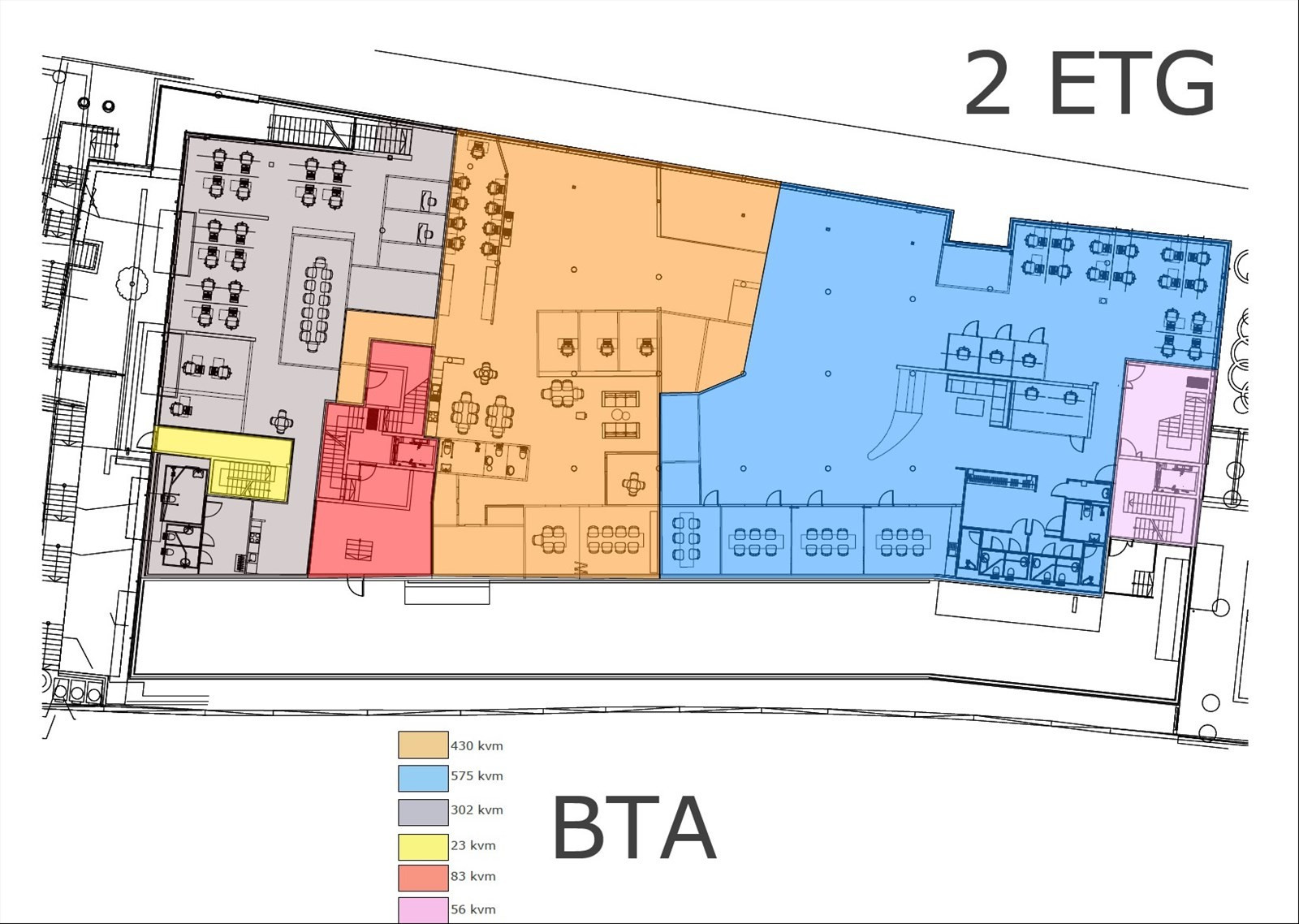 Plantegning 2. etg.ledige lokaler. Lokale 1 i blått BTA 631 m² og lokale 2 i grått BTA 359 m²