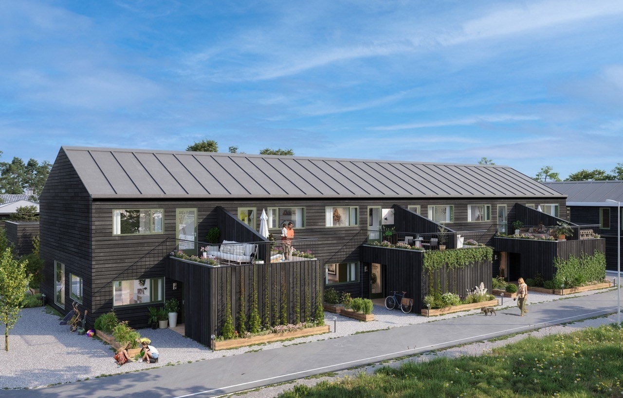 Fasade inngang med uteplass og takterrasse Galleribilde