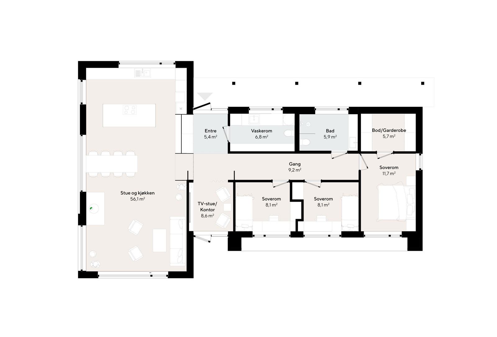 Planoversikt for hus på 130 m2. Galleribilde