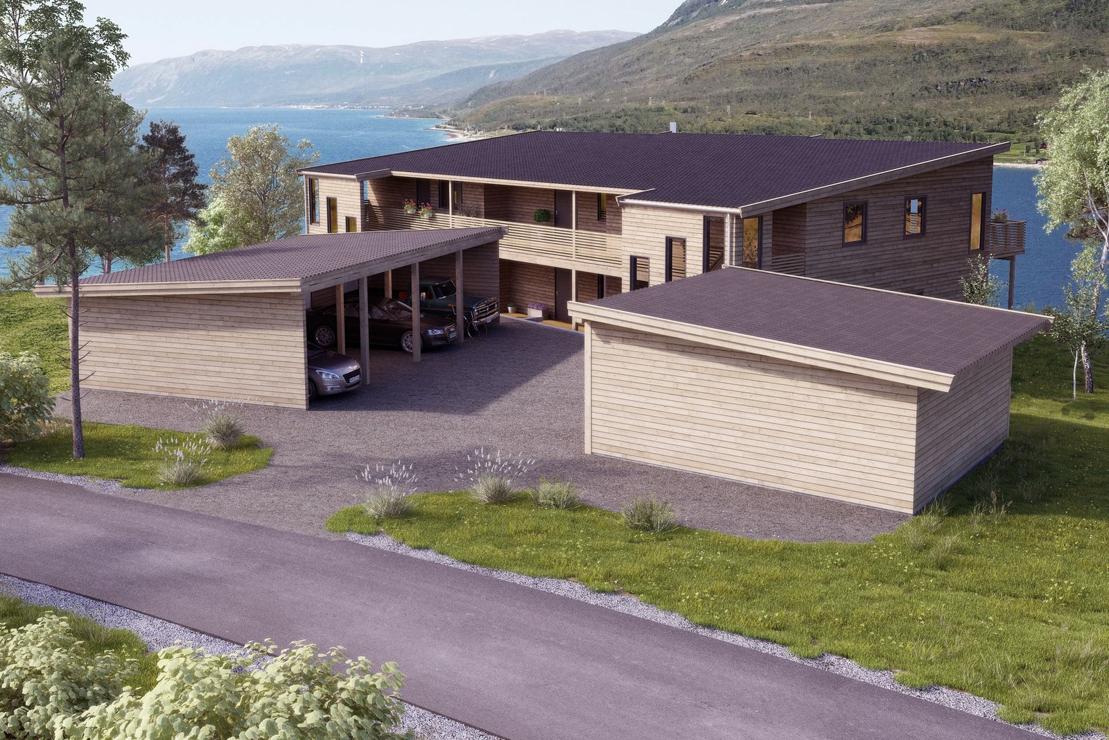 Alle leilighetene leveres med carport med sportsbod i bakkant. Galleribilde