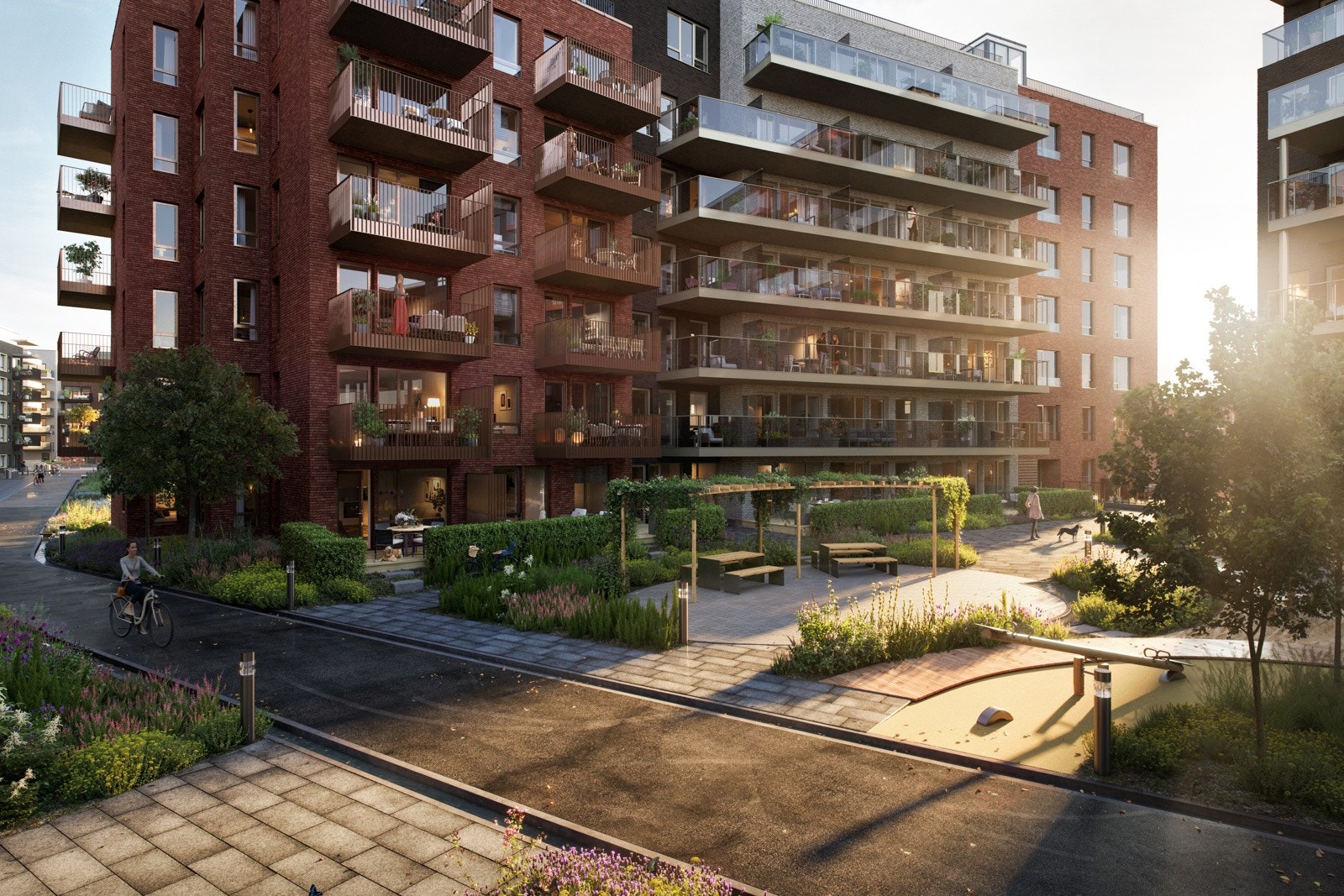 Fine utomhusarealer i gårdstunet, illustrasjon er fra hus B Galleribilde