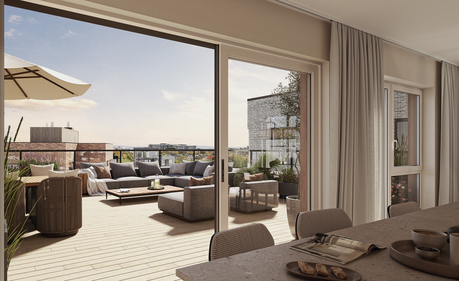 Leilighet A5001 fra kjøkkenet ut mot privat takterrasse Galleribilde