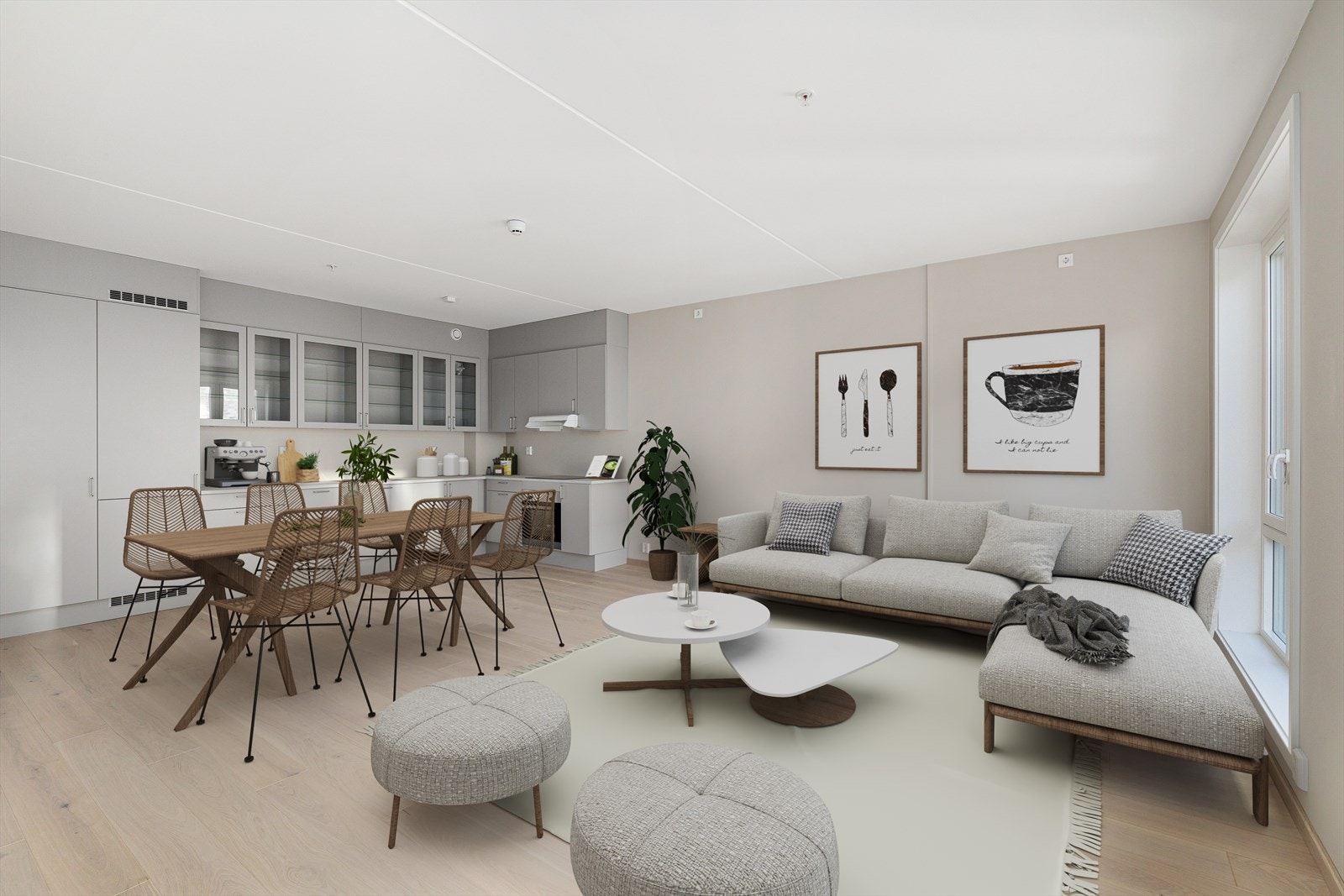 Lys stue med utgang til innglasset balkong. Luksusfølelse med vannbåren gulvvarme. (Boligen er digitalt stylet) Kjøkken avviker noe fra illustrasjon. Galleribilde