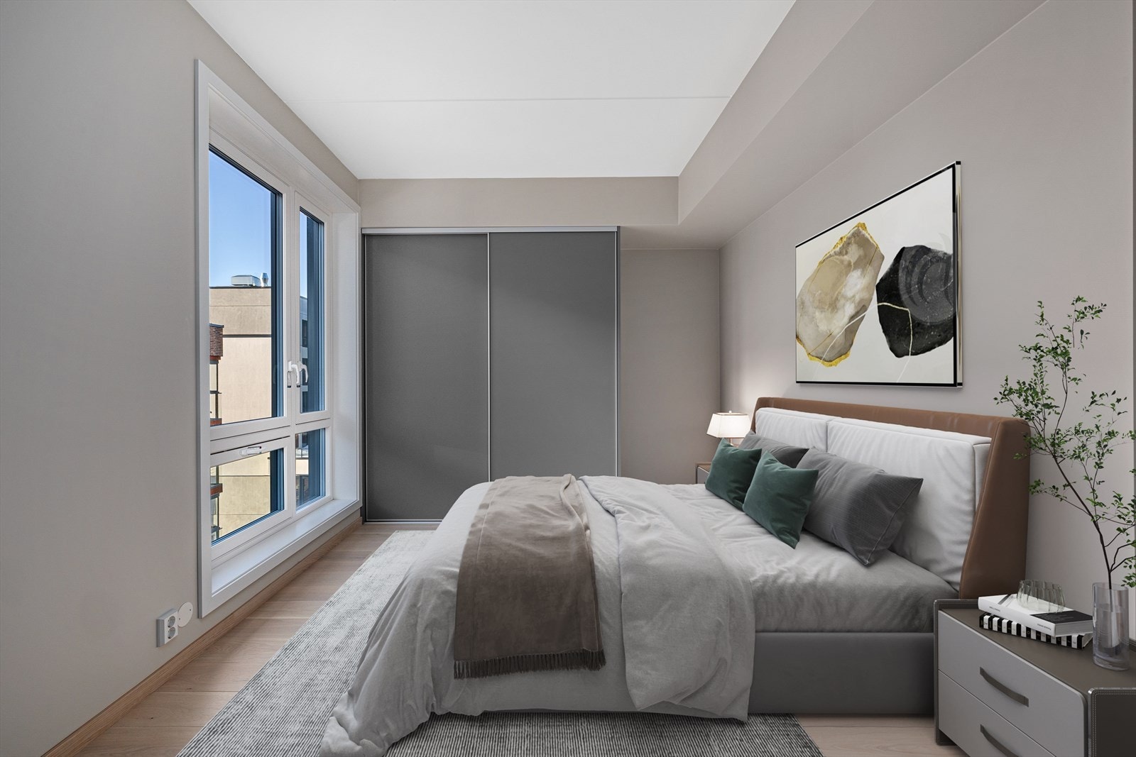 Boligen har 2 soverom. Hovedsoverom med romsmlig skyvedørsgarderobe. Bildene er digitalt stylet. Galleribilde