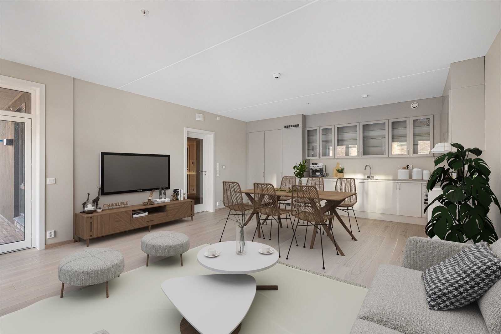 Lys stue med utgang til innglasset balkong. Luksusfølelse med vannbåren gulvvarme. (Boligen er digitalt stylet) Kjøkken avviker noe fra illustrasjon. Galleribilde