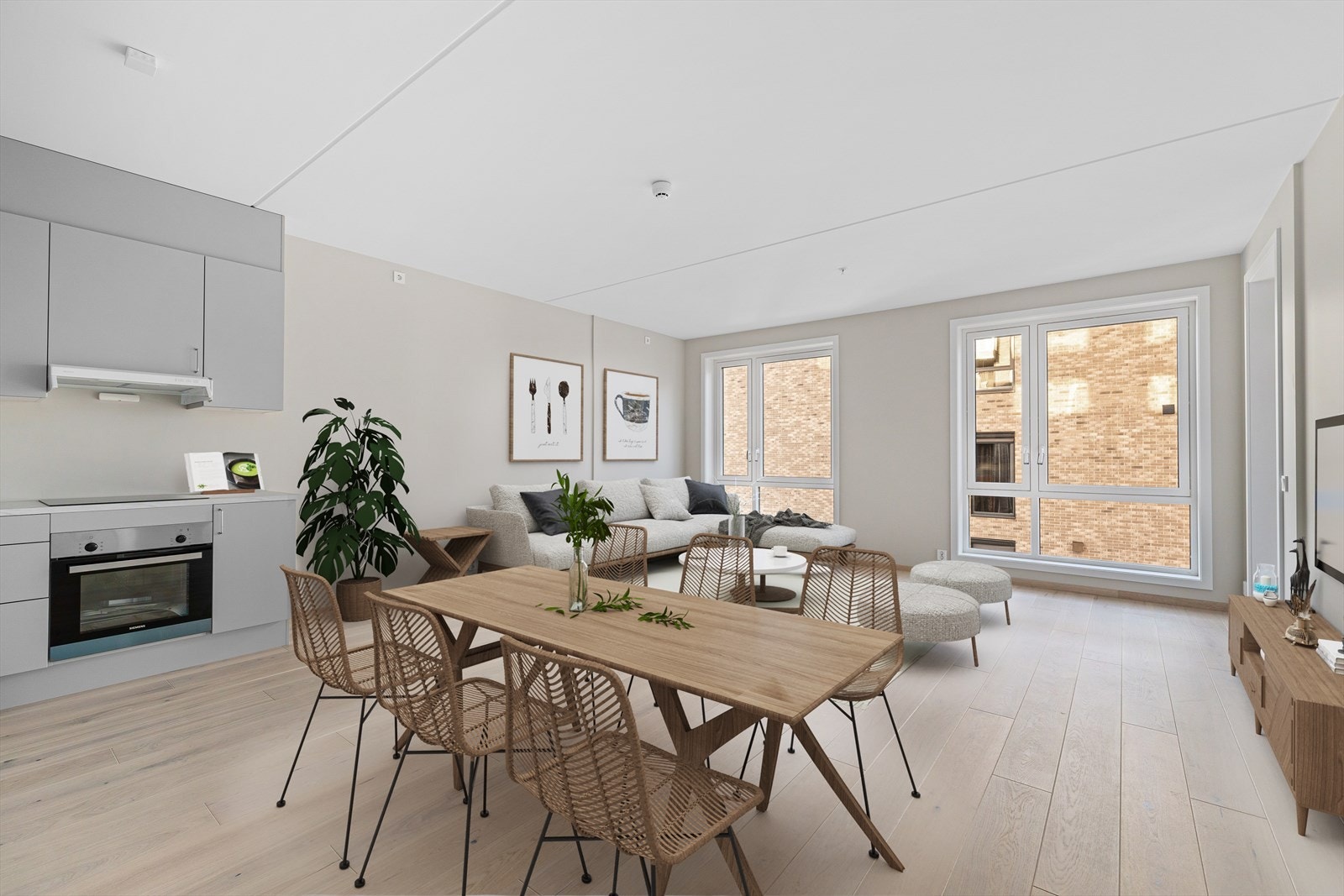 Lys stue og åpen kjøkkenløsning med utgang til innglasset balkong. Luksusfølelse med vannbåren gulvvarme. (Boligen er digitalt stylet) Illustrasjoner er fra tilsvarende leilighet. Kjøkken avviker noe fra illustrasjon. Galleribilde