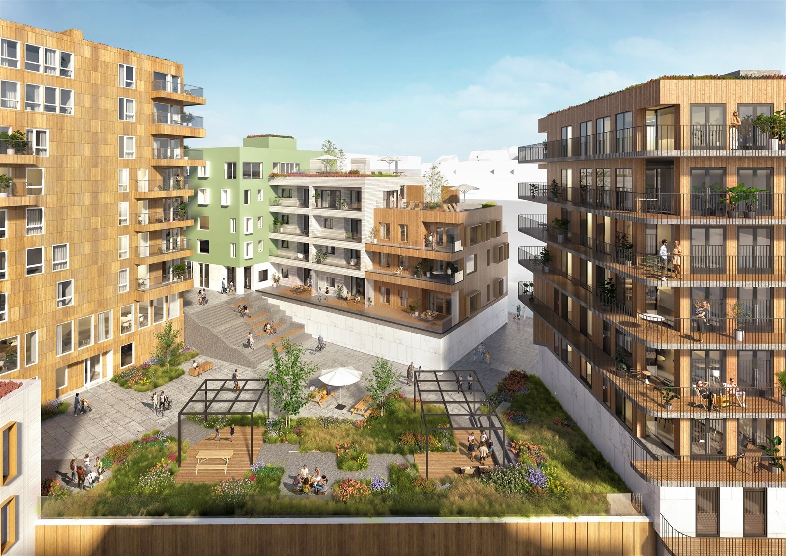 Grandkvartalet har et spennende bomiljø med flere ulike leilighetstyper og fokus på grønne byrom. Galleribilde