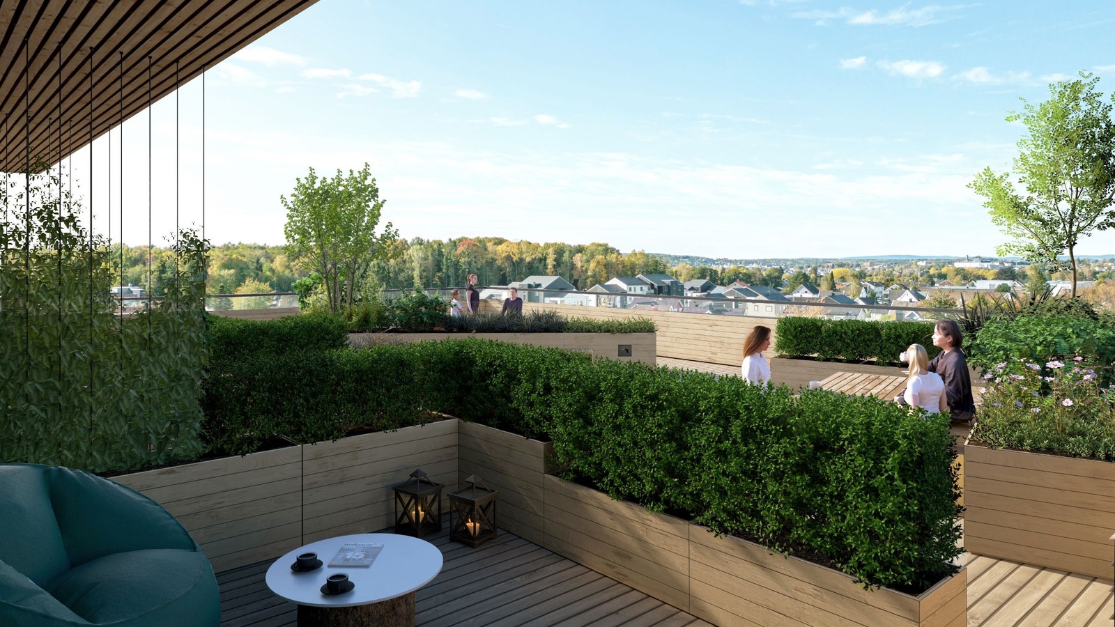 Takhagene har rikelig med innslag av grønt og inndeling i ulike soner. Når dagen går mot ettermiddag og kveld, kan du nyte den flotte utsikten mot Slottsfjellet og Tønsberg by mens kveldssolen går ned i vest. Galleribilde