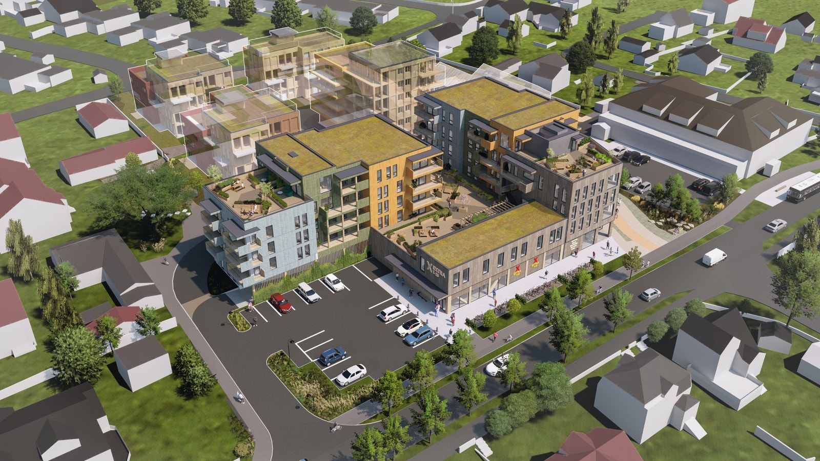 Oversiktsillustrasjon sett fra sørvest. Se vår boligvelger på vår nettside for å orientere deg i prosjektet! Galleribilde