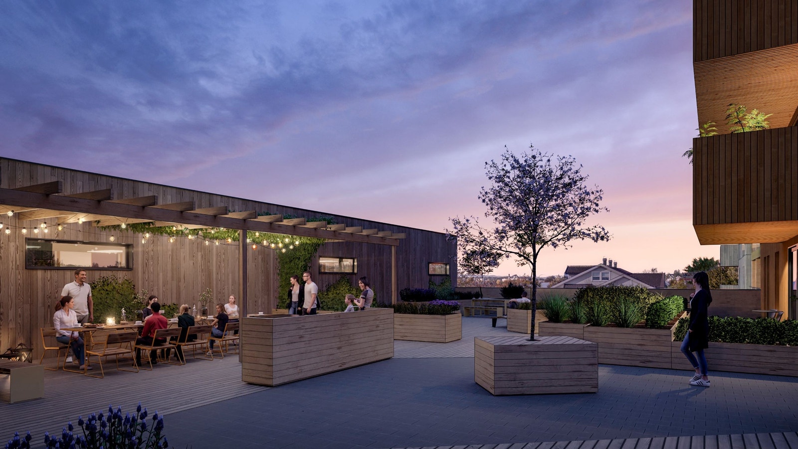 Det blir pergola med langbord, utekjøkken med grill og vask for tilberedning av mat. Dette er like gjerne en perfekt ramme for en herlig middag med venner, som den årlige sommerfesten i sameiet eller markering av runde tall for venner og familie. Galleribilde