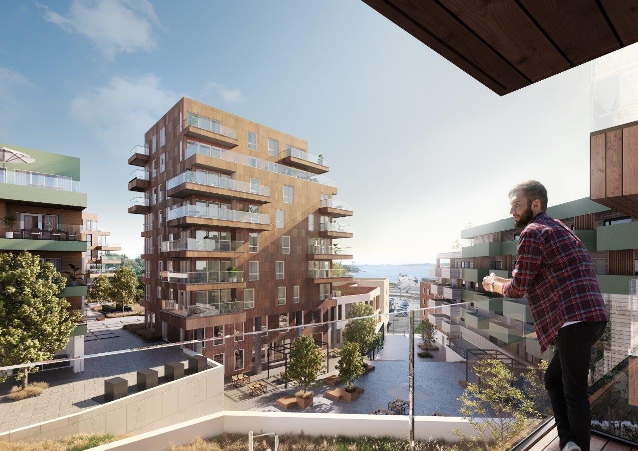 Grandkvartalet har et spennende bomiljø med flere ulike leilighetstyper og fokus på grønne byrom. Det er lagt
til rette for et mangfold av leiligheter med utsikt og balkonger. Galleribilde