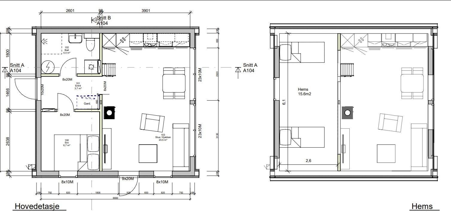 Plantegning hyttetype Stora Varholmsundet med hems. Tomt FF A1-A6. Galleribilde