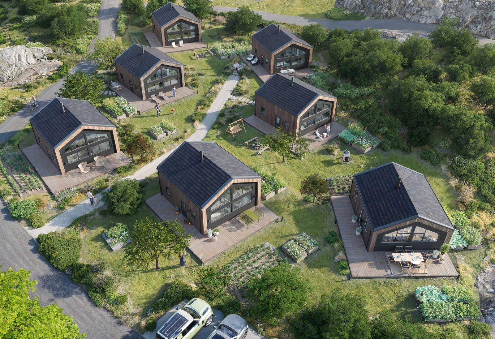 Hyttene får eiet tomt med mulighet for terrasse og egen grønnsakshage Galleribilde