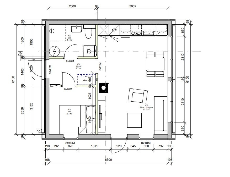 Plantegning hyttetype Litla Varholmsundet., leveres med hems (noe lavere tahøyde i deler av hytten)Tomt FF-A7. Galleribilde