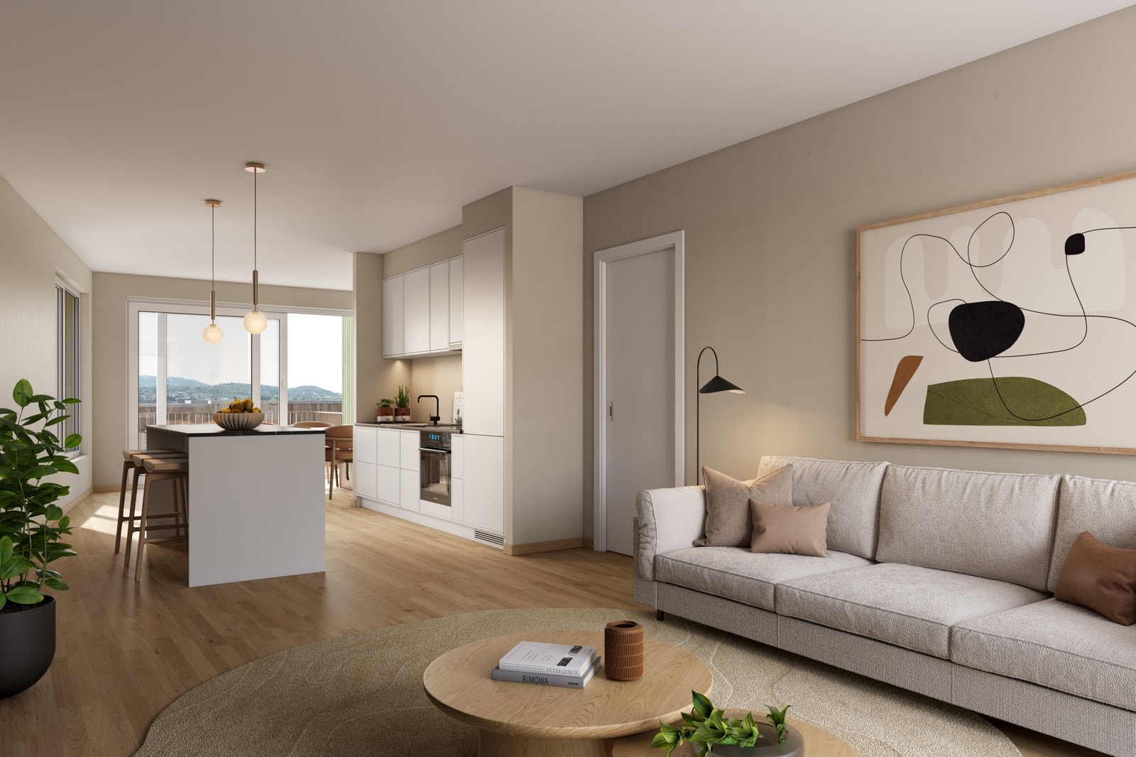 Illustrasjonen viser planløsning stue i 4-roms leilighet i Saltakshus H. Illustrasjon, avvik vil forekomme. Galleribilde