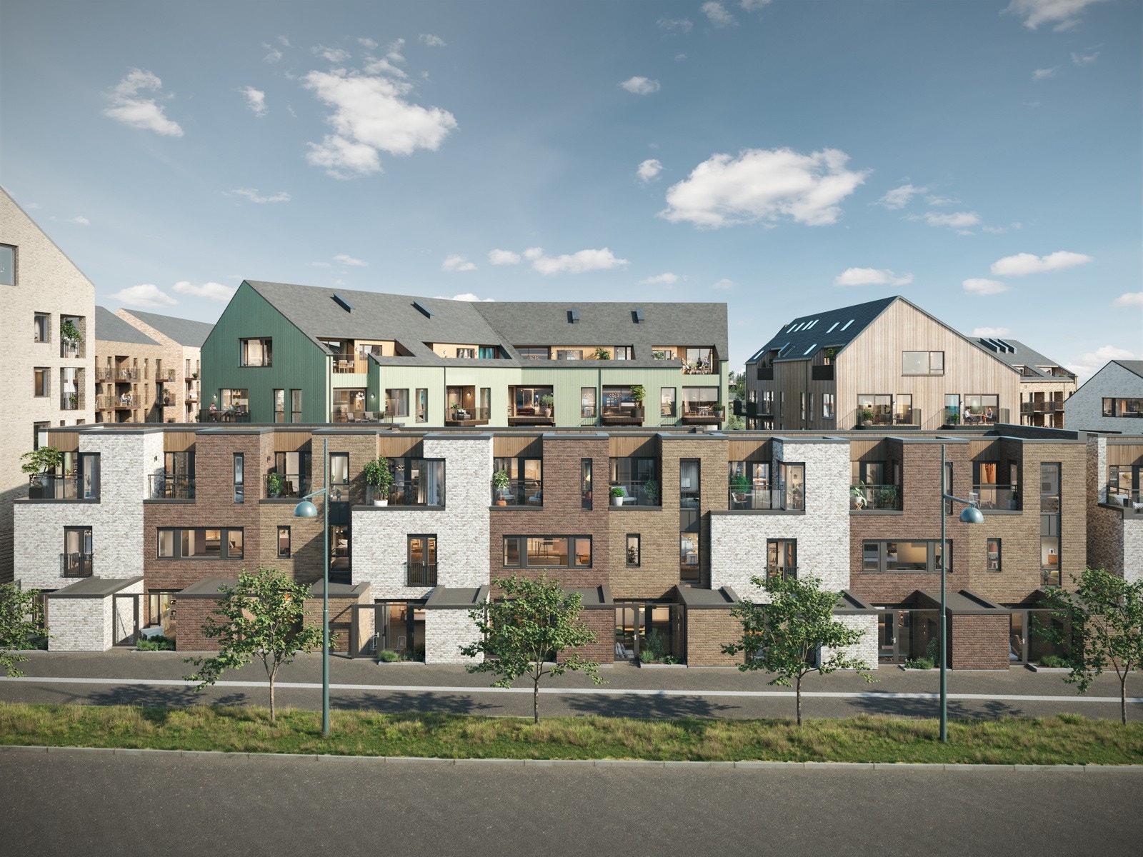 Rekkehus sett fra sørvest med Saltakhus H i bakkant. Illustrasjon, avvik vil forekomme. Galleribilde