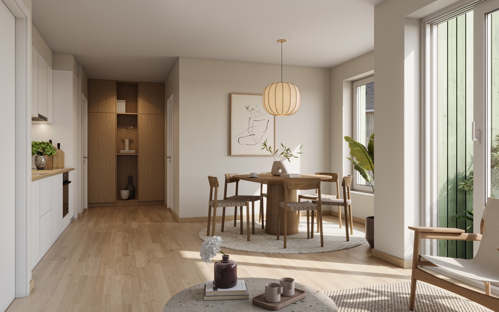 Illustrasjon av kjøkken med spiseplass. Illustrasjon, avvik vil forekomme. Galleribilde