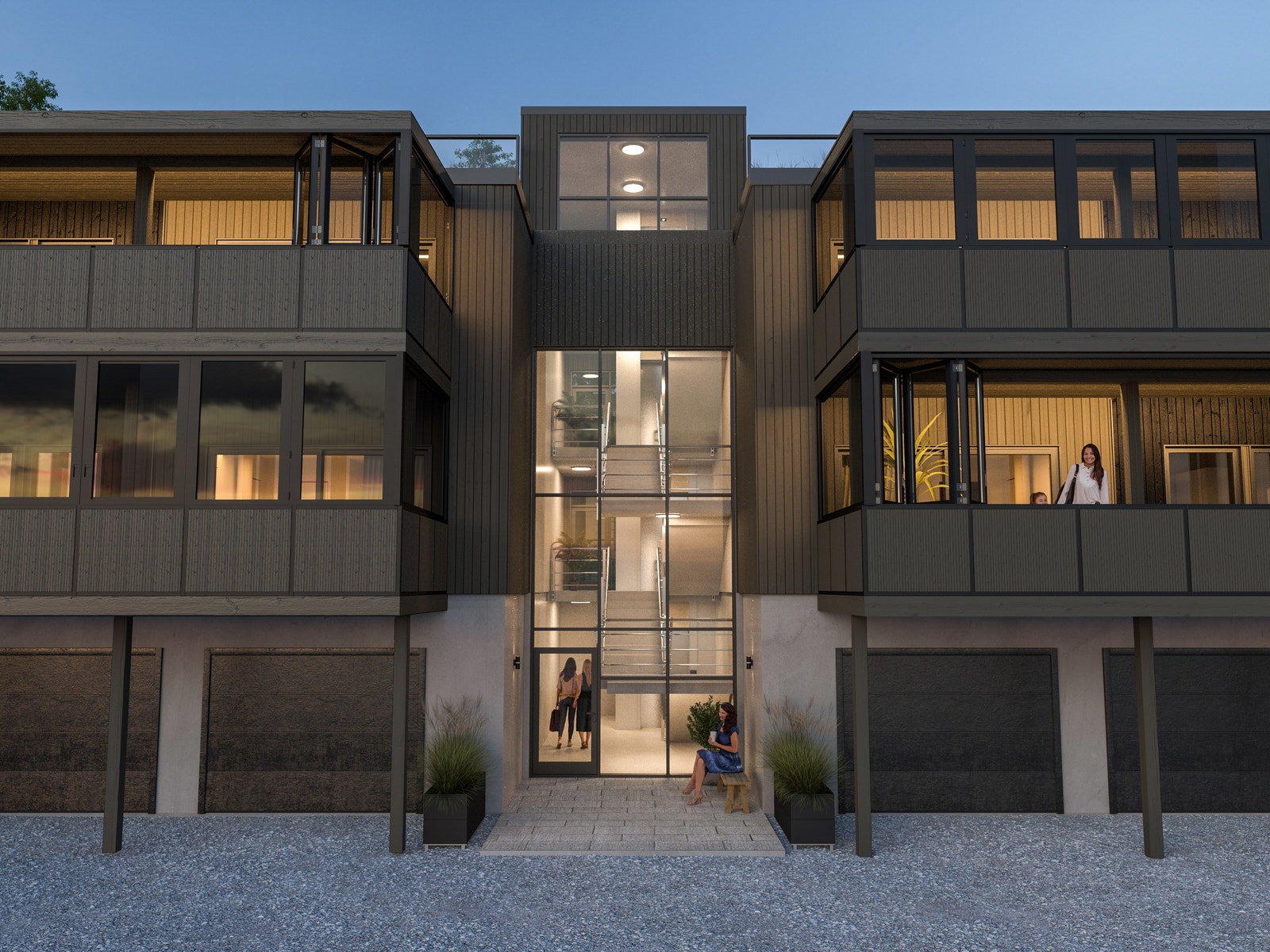 Heishuset binder de 20 leilighetene sammen. Fra garasjeplan går heisen til leilighetene i 1. og 2. etasje og takterrassen i 3. etasje. Galleribilde