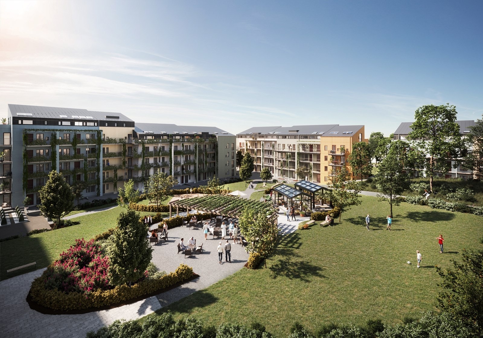 HJERTEROMMET: Husene omkranser et stort parkanlegg med det grønne i sentrum for felles fasilitetene ute. Det sentrale, solfylte hagerommet for nabolaget er "hjerterommet» i prosjektet. Galleribilde