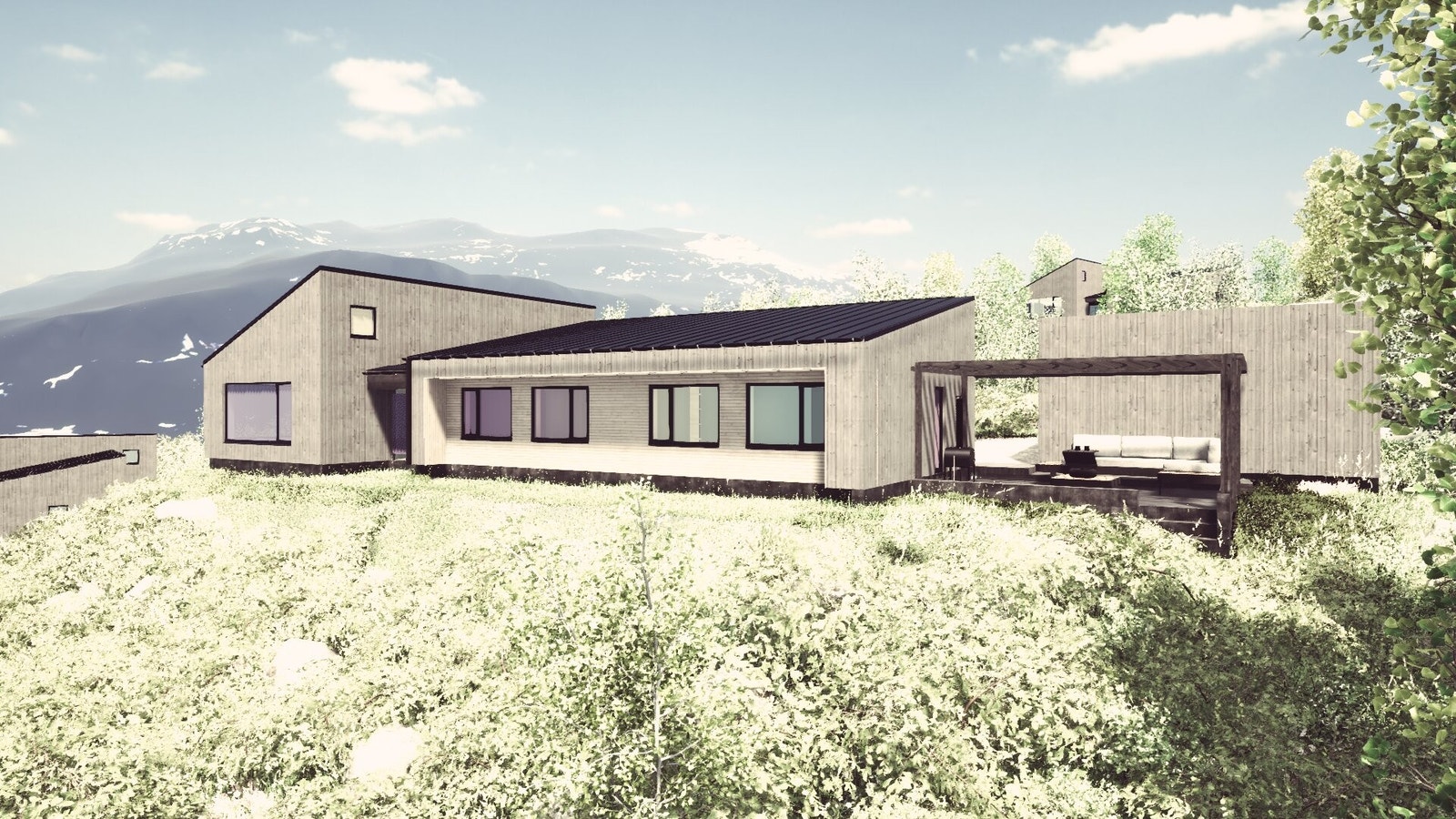 Illustrasjon av huset, sett frå sør. Overbygd terrasse og garasje er valfrie tilval. Galleribilde