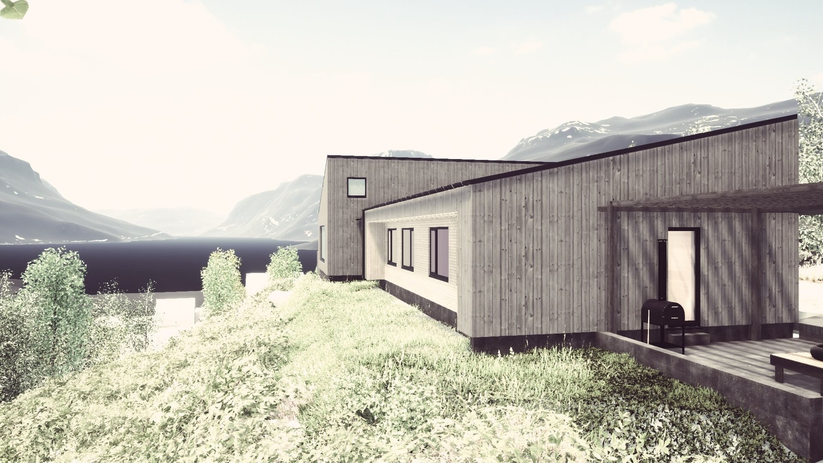 Illustrasjon av huset, sett frå søraust, med utsyn mot Vangsmjøse. Overbygd terrasse og garasje er valfrie tilval. Galleribilde