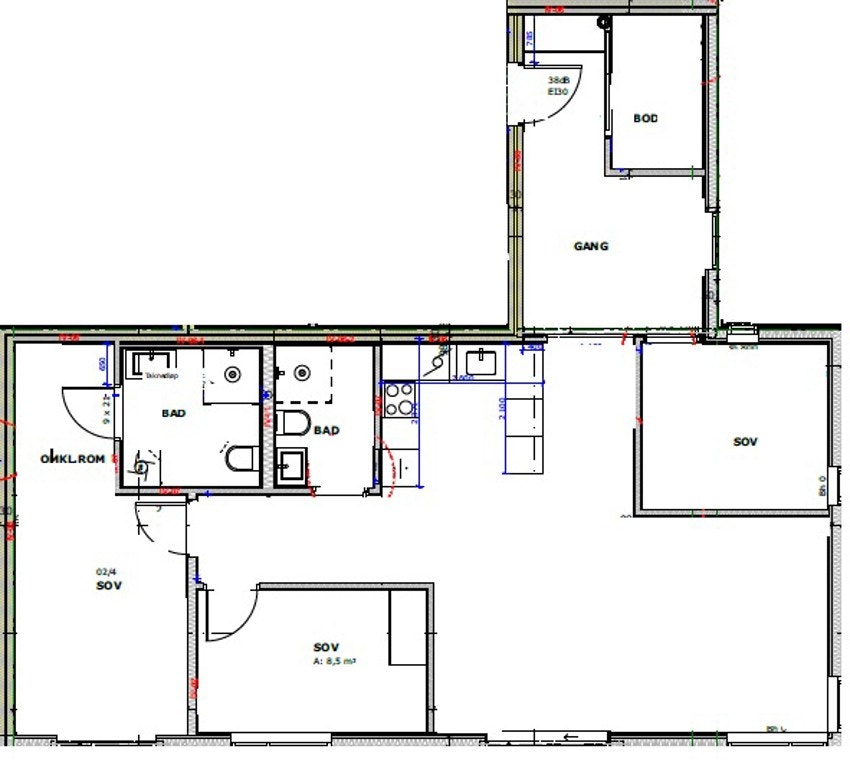 Revidert plantegning C0102 med 3 soverom Galleribilde