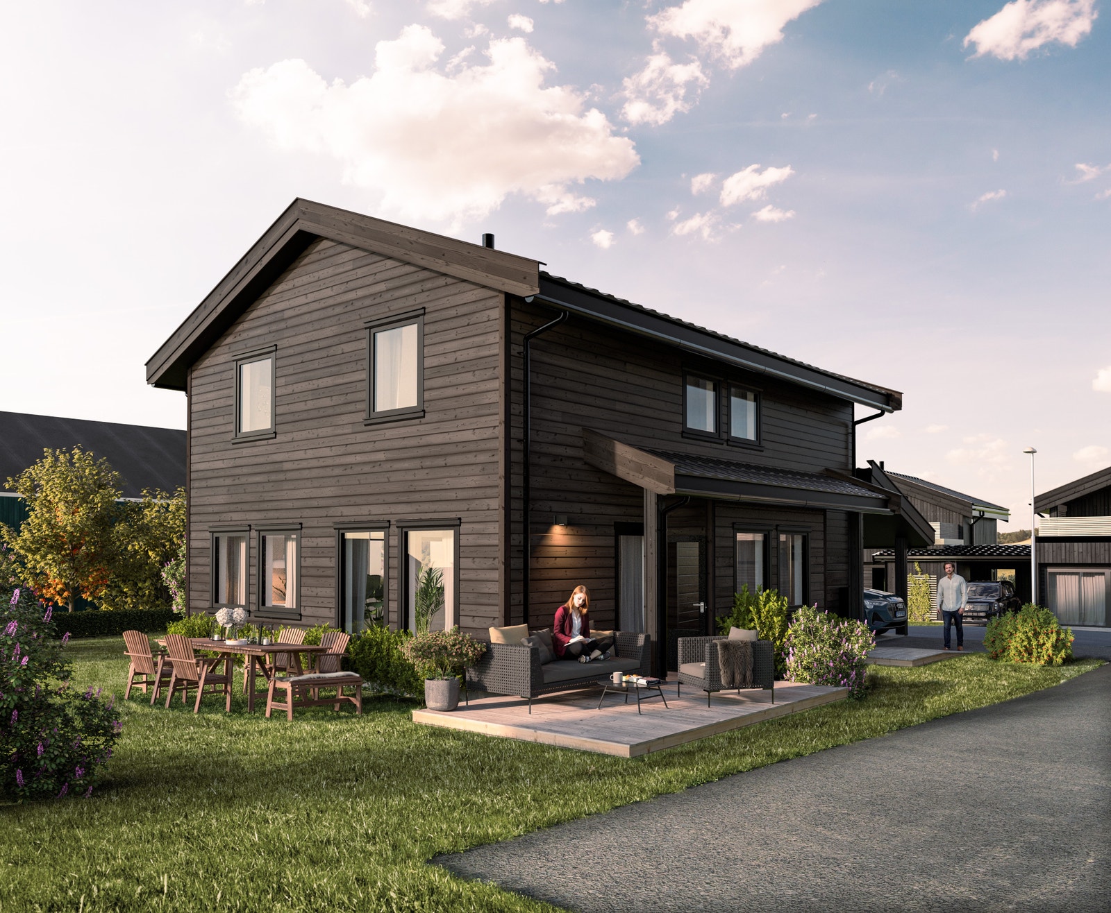 Fasadebilde av boligtype E og F. Illustrasjoner er av illustrativ karakter og avvik kan forekomme Galleribilde