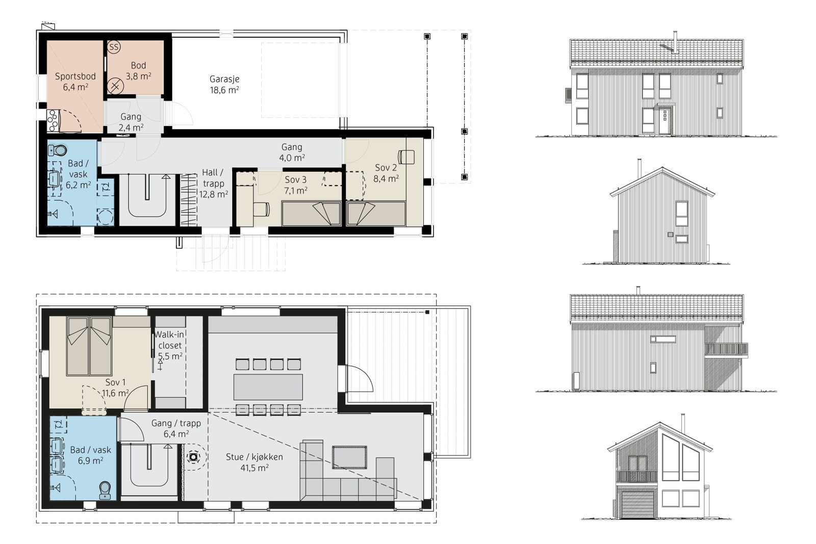 Innholdsrik planløsning, for en aktiv barnefamilie. Sportsbod kan enkelt gjøres om til et ekstra soverom. Galleribilde