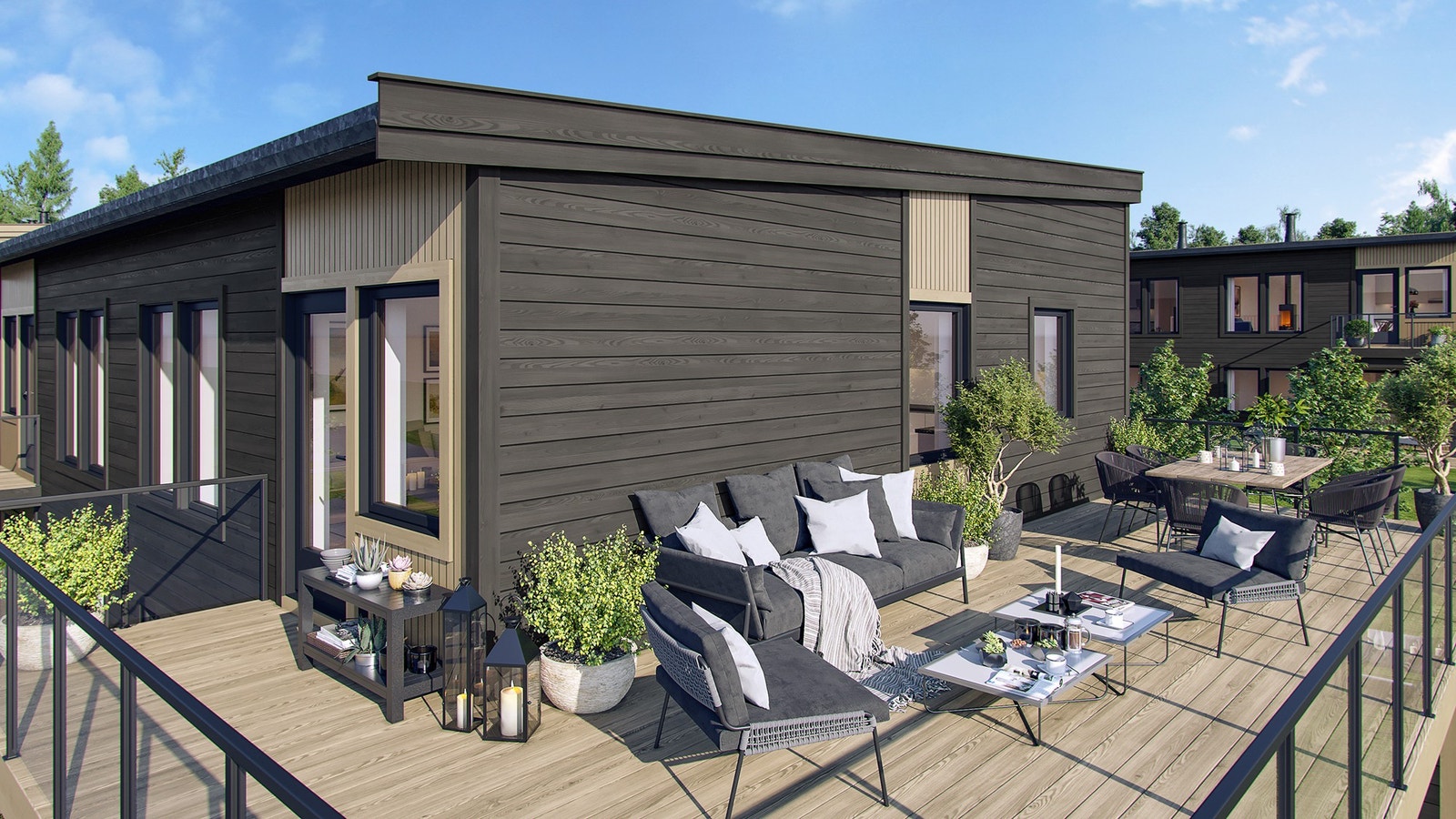 Stor privat uteplass i den 2. etasjen på bustaden, utgang frå den sosiale sona inne med open kjøkken- og stoveløysing Galleribilde