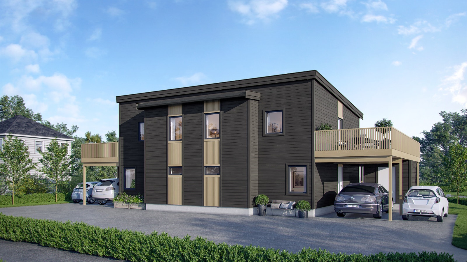 Illustrasjon av bustaden, der du ser carport og inngang Galleribilde