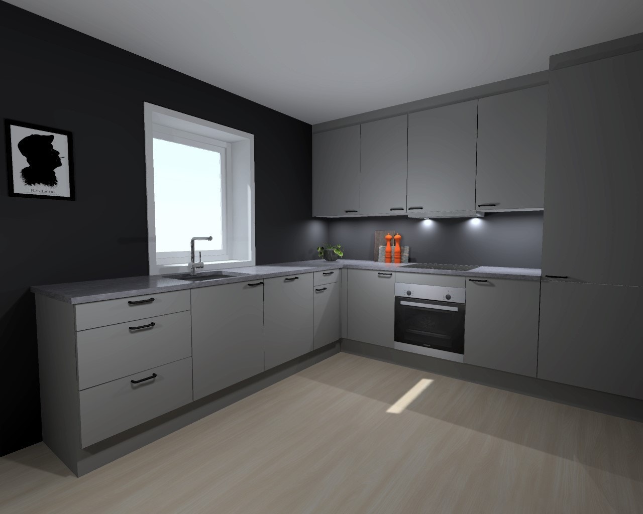 Illustrasjon som viser kjøkkenet i bustaden. Det er moglegheiter for tilval. Galleribilde