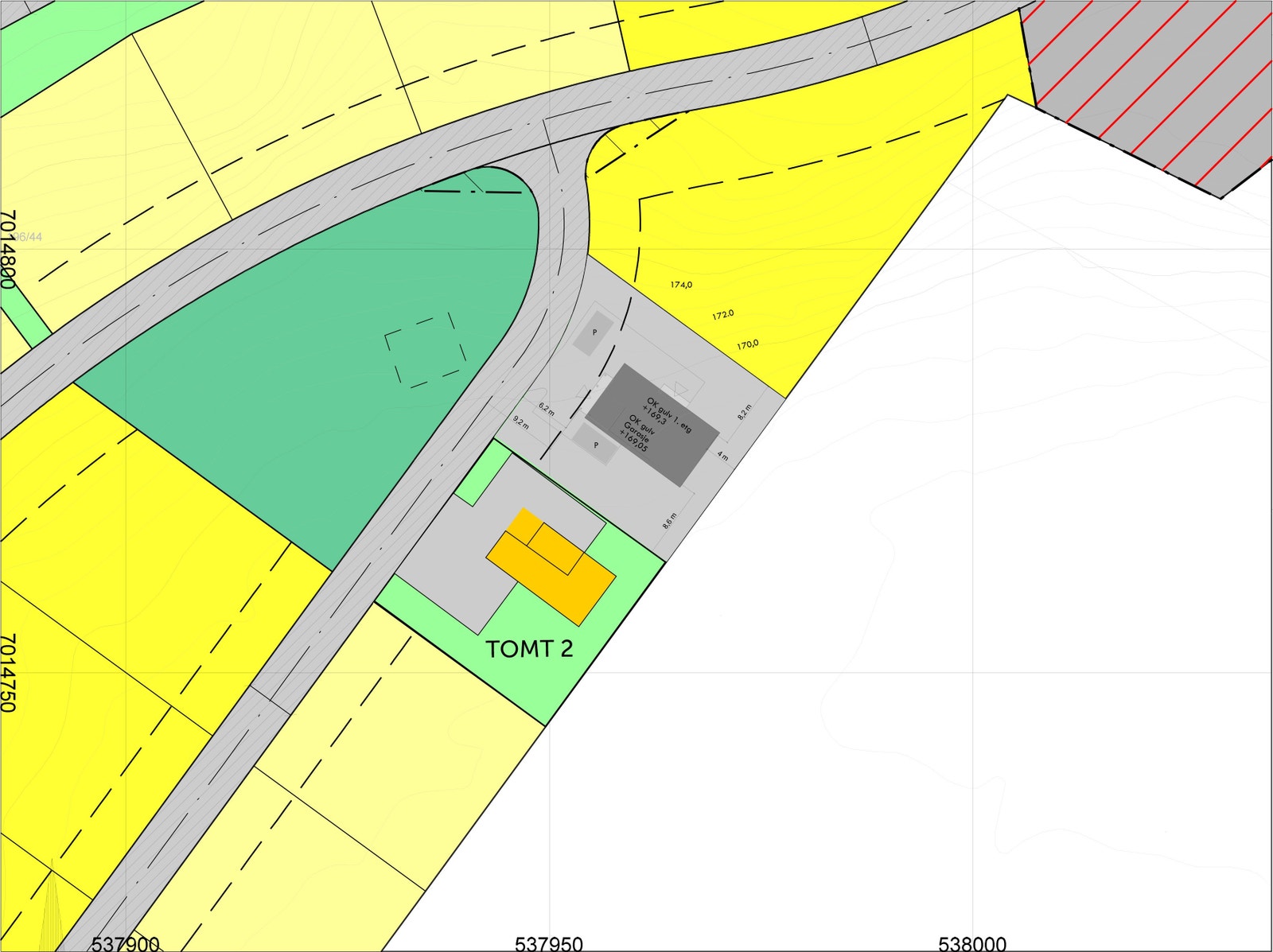 Planlagt løsning for Berga på tomten - tomtearealet er på ca. 611m2. Plenarealet leveres ferdig isådd. Galleribilde